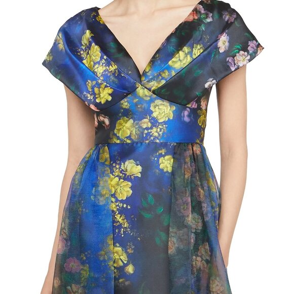 NWT Theia Nadia Draped Floral Mikado V-Neck Gown - Picture 3 of 8